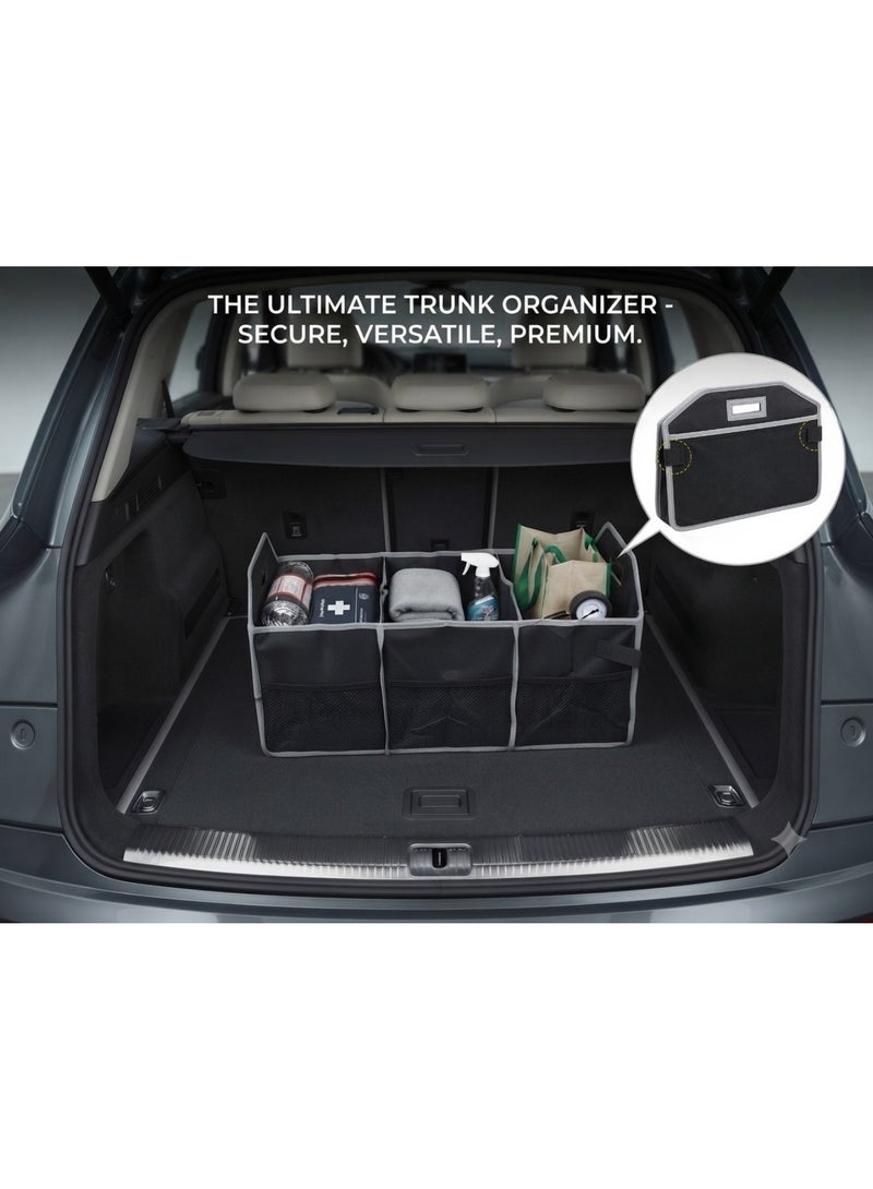 Foldable Car Trunk Organizer with 3 Compartments and Side Pockets - Multi-Purpose Storage Organizer for Car Tools and Groceries - Durable Material - Suitable for All Cars - Black - Image 1