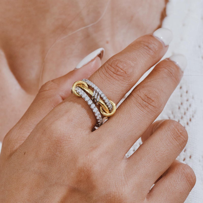 AllenCOCO 14K Gold & White Gold Plated Stackable Rings, Interlocking 3-Band Ring Set with Cubic Zirconia for Women Statement Size 7 - Image 5