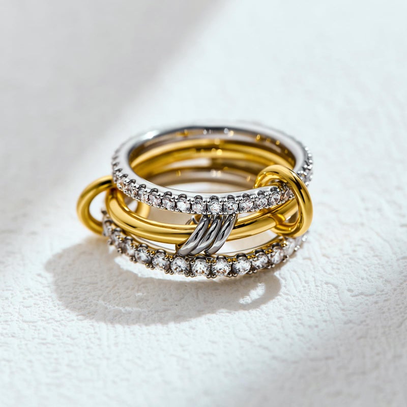 AllenCOCO 14K Gold & White Gold Plated Stackable Rings, Interlocking 3-Band Ring Set with Cubic Zirconia for Women Statement Size 7 - Image 2