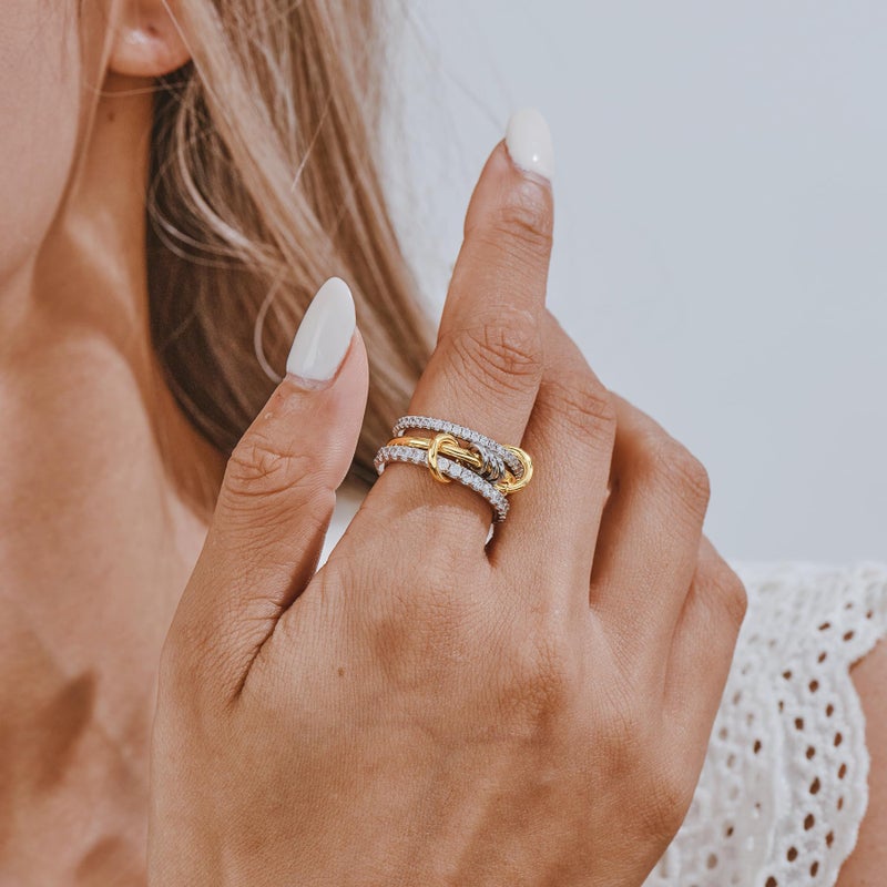 AllenCOCO 14K Gold & White Gold Plated Stackable Rings, Interlocking 3-Band Ring Set with Cubic Zirconia for Women Statement Size 7 - Image 4