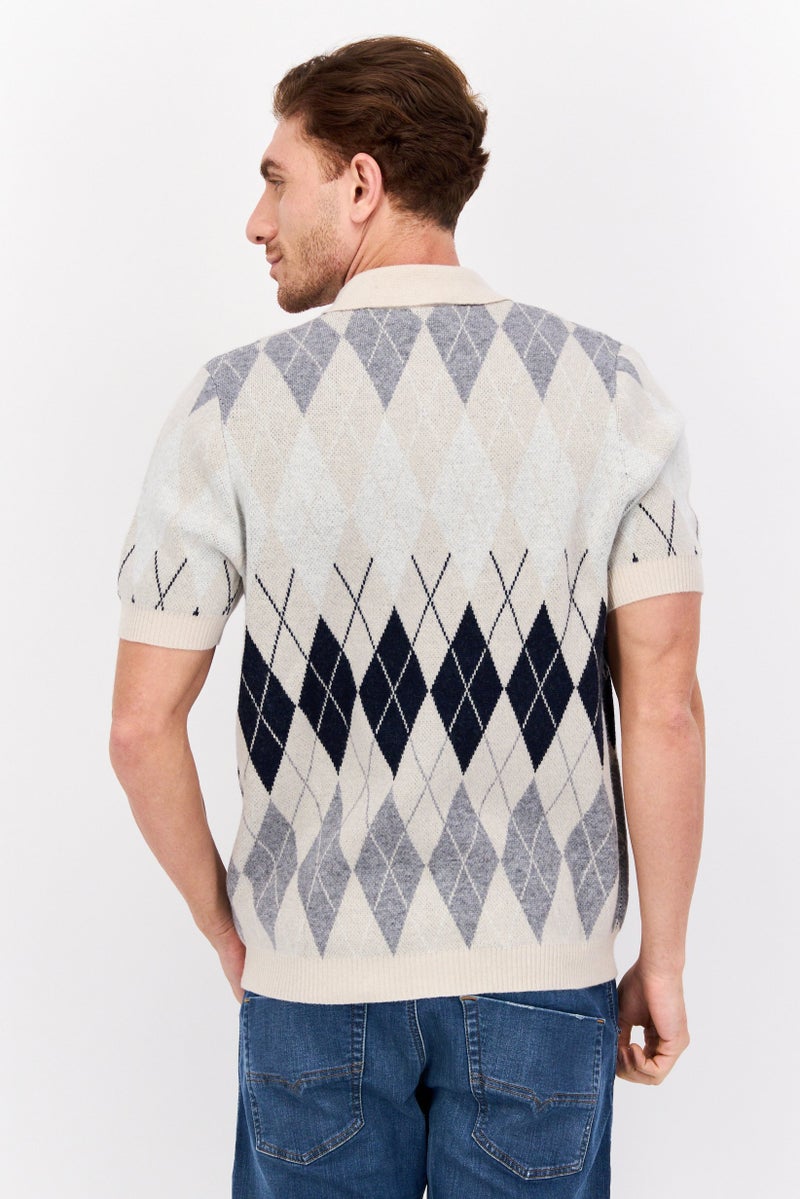 Lyle & Scott Men Spread Collar Short Sleeve British Argyle Sweater, Cream - Image 3
