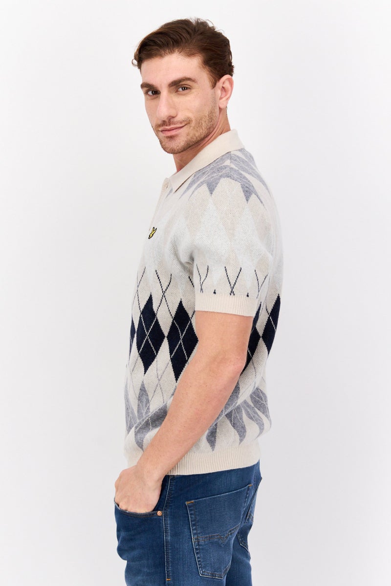 Lyle & Scott Men Spread Collar Short Sleeve British Argyle Sweater, Cream - Image 2