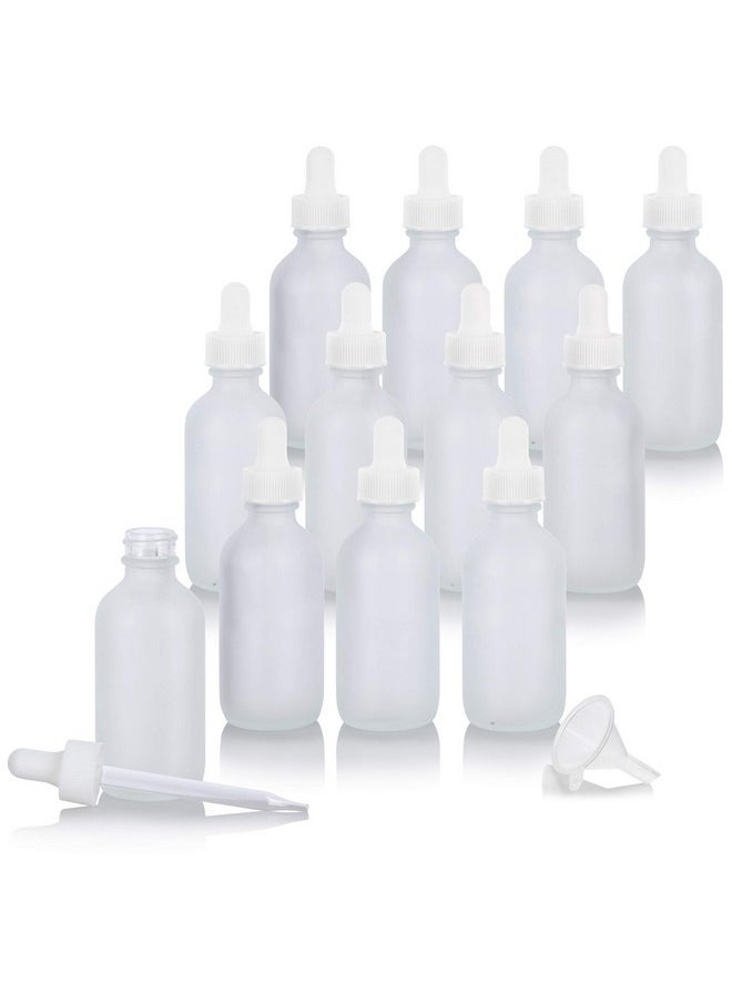 JUVITUS 2 Oz Frosted Clear Glass Boston Round White Dropper Bottle (12 Pack) + Funnel I Refillable Empty Storage Containers  - Image 1