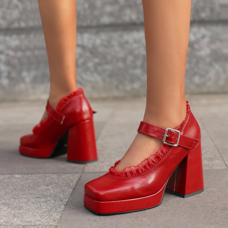 Model Spring 2024 Fashion High Heel Thick Bottom 33-48 Plus Size Square Head Shallow Mouth Buckle Single Shoes - Image 4