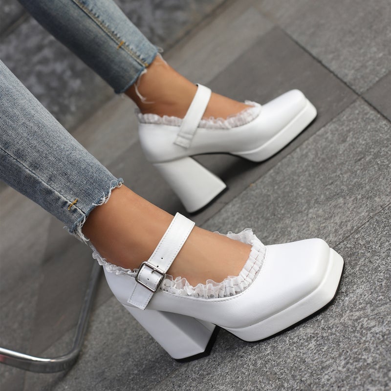 Model Spring 2024 Fashion High Heel Thick Bottom 33-48 Plus Size Square Head Shallow Mouth Buckle Single Shoes - Image 2