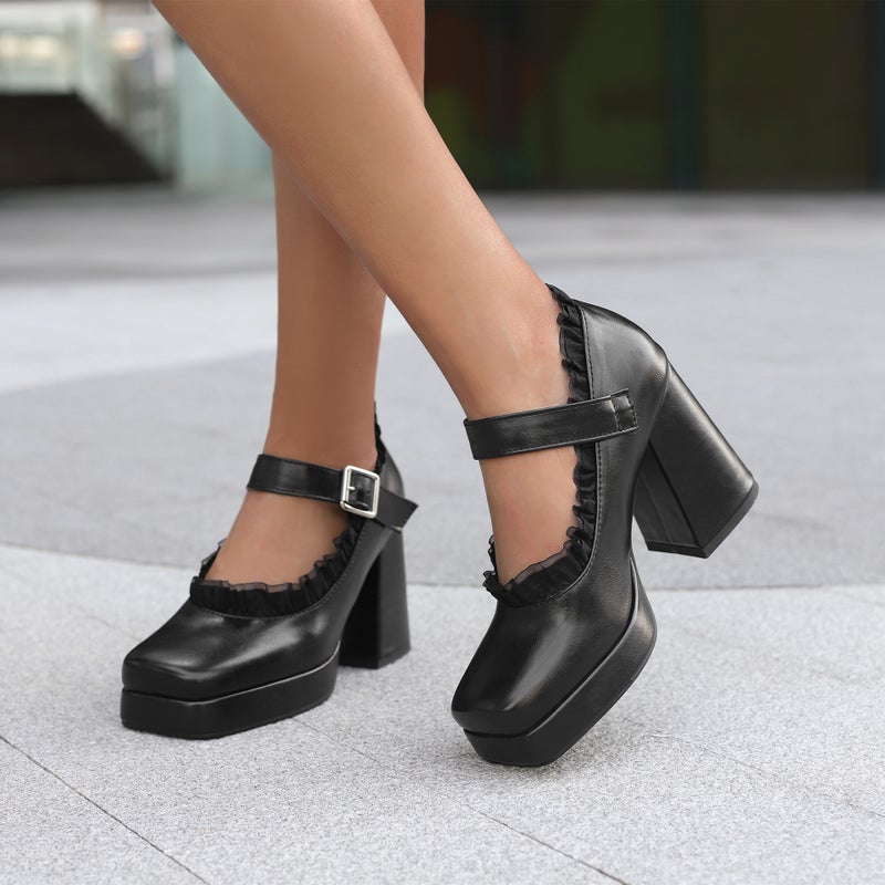 Model Spring 2024 Fashion High Heel Thick Bottom 33-48 Plus Size Square Head Shallow Mouth Buckle Single Shoes - Image 3