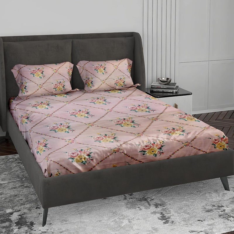 LABHAM Crystal 140Gsm Glace Cotton Floral Abstract Print Super Soft Double Bed King Size Bedsheet 90 x 100 with 2 Pillow Covers Pink Yellow RedCRDB04 - Image 1