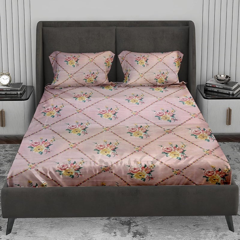LABHAM Crystal 140Gsm Glace Cotton Floral Abstract Print Super Soft Double Bed King Size Bedsheet 90 x 100 with 2 Pillow Covers Pink Yellow RedCRDB04 - Image 2