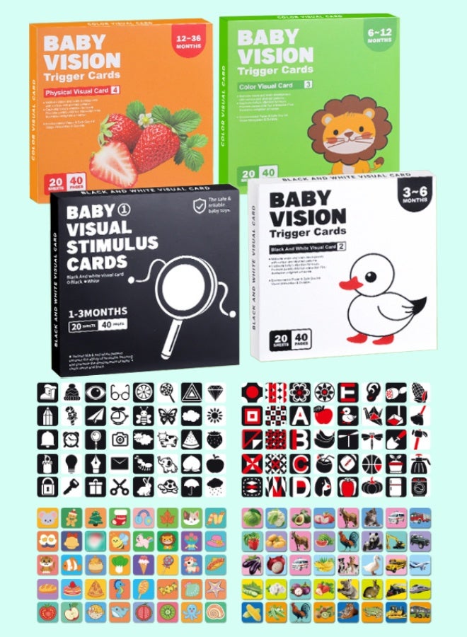 4 Sets High Contrast Flash Cards Baby Visual Stimulation Cards, 80 Pcs 160 Page Black White Colorful Baby Flashcards Newborn Toys for Infants Visual Stimulation Brain Sensory Development & Parent-Child Interaction - Image 1