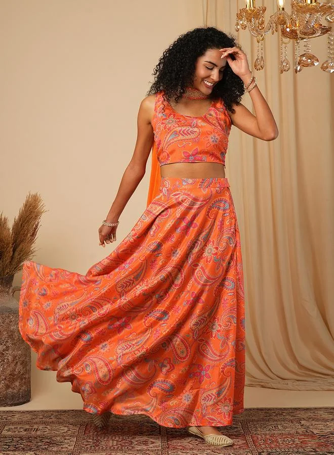 globus Orange Sleeveless Paisley Printed Top with Lehenga and Embroidered Dupatta Co-Ords