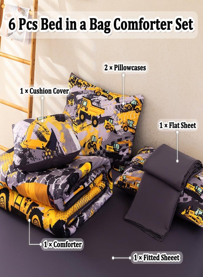 ASKOTU 6 Pcs Twin Bedding Set for Boys, Kids Construction Truck Comforter Sets with Sheets, Excavator Truck Twin Boys Bedding Sets - Image 2