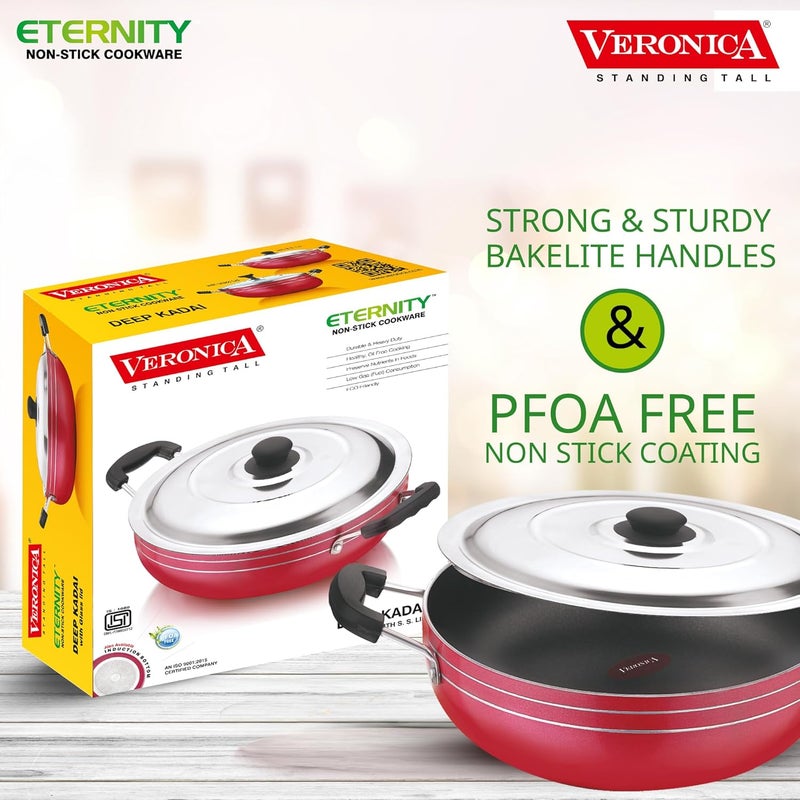 Veronica Veronica Non Stick Deep KadhaiKadai with Stainless Steel for Ktichen Gas Stove Compatible 3 Layer PFOA Free Non Stick Coating 24CM  - Image 2