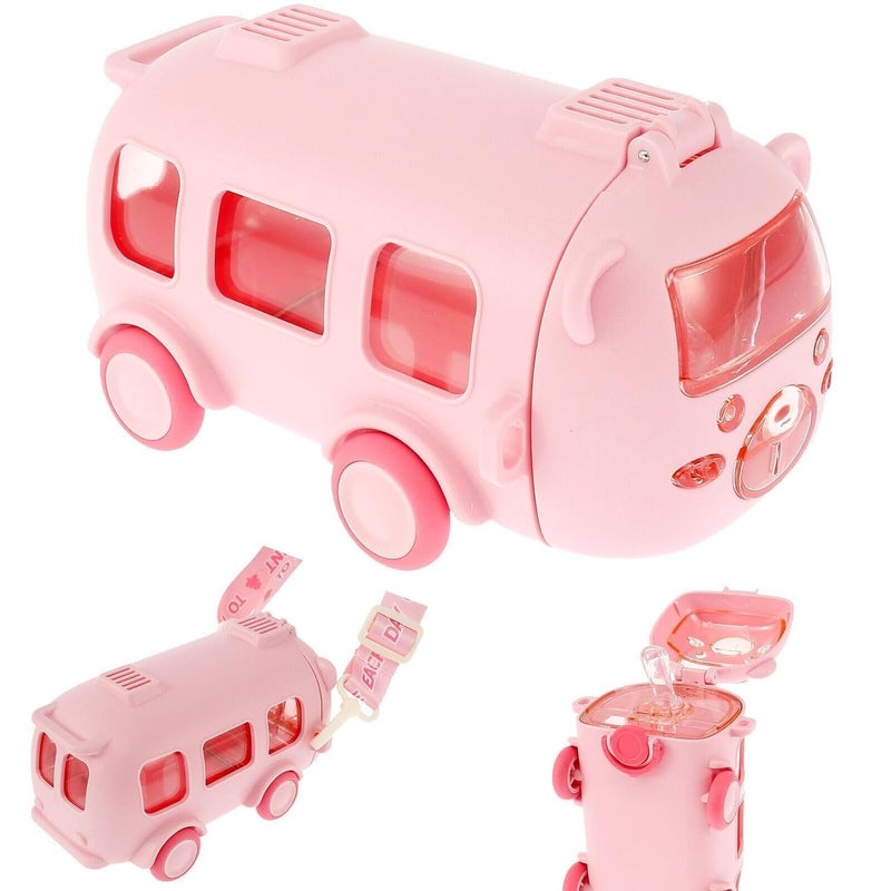 TORT ABS Bus Water Bottle For Kids With Strap, Sipper, & Straw|Leakproof, Bpa Free With Sipper and Lock, 500 Ml| Car Water Bottle For Kids|Cute Bus Shaped Water Bottle For Kids (PINK) - Image 1