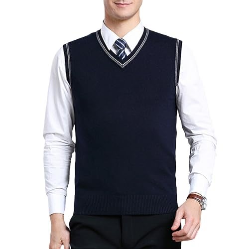 ZUEVI Men's Sweater Vests V-Neck Sleeveless Knitted Pullover Sweaters Relax Fit Classic Striped Vest Knitwear(Navy Blue-S) - Image 1