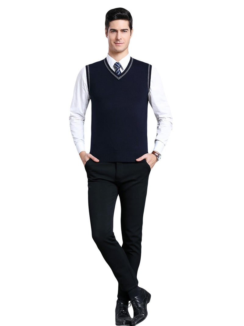 ZUEVI Men's Sweater Vests V-Neck Sleeveless Knitted Pullover Sweaters Relax Fit Classic Striped Vest Knitwear(Navy Blue-S) - Image 3