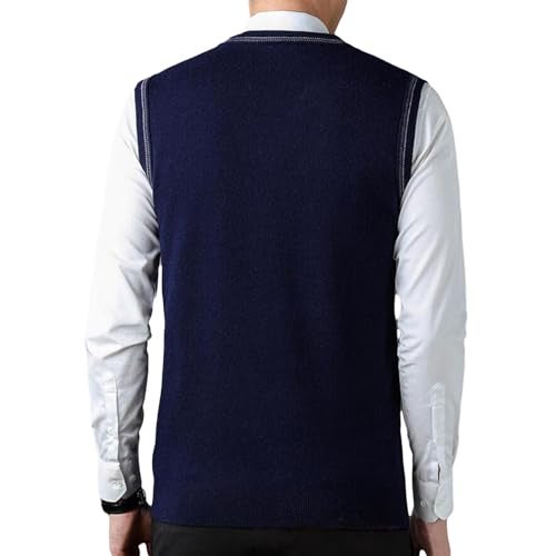 ZUEVI Men's Sweater Vests V-Neck Sleeveless Knitted Pullover Sweaters Relax Fit Classic Striped Vest Knitwear(Navy Blue-S) - Image 2