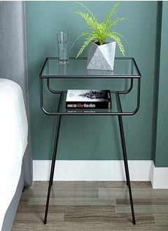 alimforyou Bedside Table 35x50x65cm Tempered Glass Side Table Modern Side Table with Storage Shelf and End Table with Black Metal Frame for Living Room and Bedroom  - Image 2