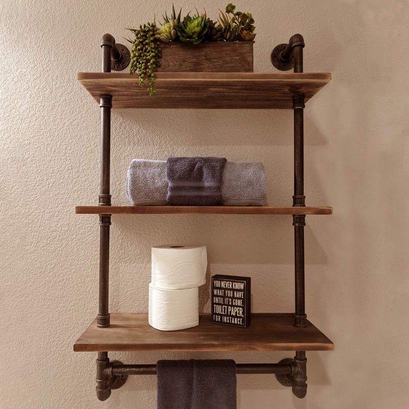 MBQQ 3 Tier Shelving Bathroom Pipe Shelves with Towel Bar Over Toilet 24 inch Pine Wood Floating Shelves for Wall Mounted BedroomKitchen Farmhouse Living Room