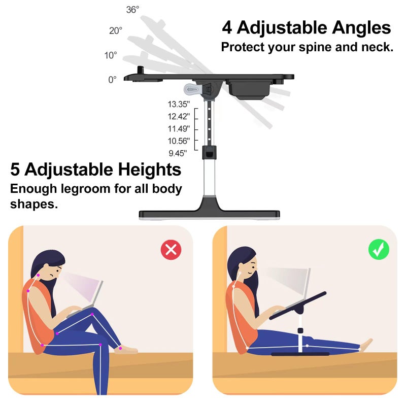 HETTHI Laptop Stand for Bed, Adjustable Leather Bed Desk with Foldable Legs, X-Large Laptop Bed Table Tray with Drawer for Bed Couch Floor Writing Working Reading Eating Painting (Black, 23.6"Ã—15.7") - Image 2