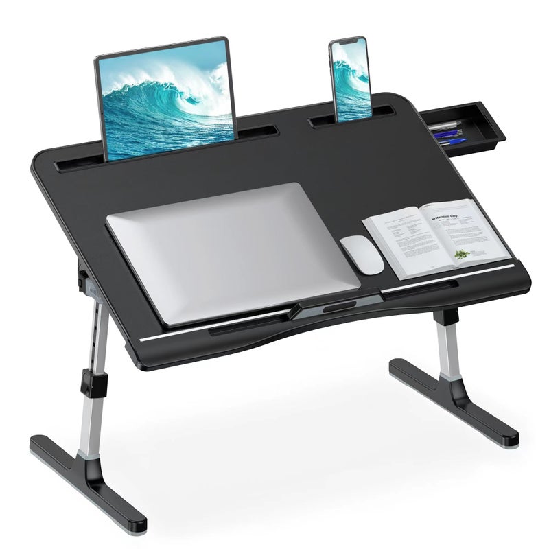 HETTHI Laptop Stand for Bed, Adjustable Leather Bed Desk with Foldable Legs, X-Large Laptop Bed Table Tray with Drawer for Bed Couch Floor Writing Working Reading Eating Painting (Black, 23.6"Ã—15.7") - Image 1