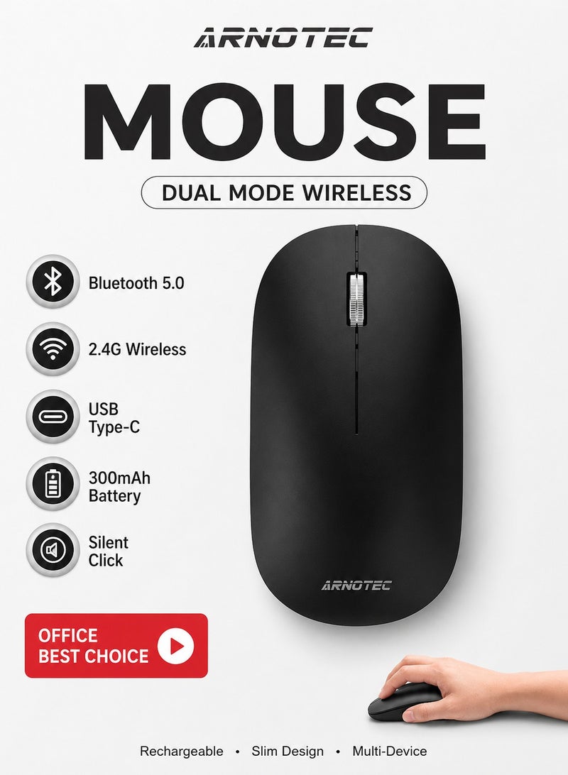 ARNOTEC Wireless Mouse Bluetooth & 2.4G Dual Mode, Type-C Rechargeable Ergonomic Mouse with Silent Clicks, Metal Scroll Wheel, 3 DPI Levels, Portable & Lightweight, for Laptop/Tablet/PC/iOS/Android - Image 1