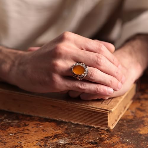 Alpha Rock Natural Yellow Agate Stone, Genuine Solid 925 Sterling Silver Accented with Bronze, Authentic Vintage Turkish Ottoman Style Ring for Men (Natural Yellow Agate, 9) - Image 3