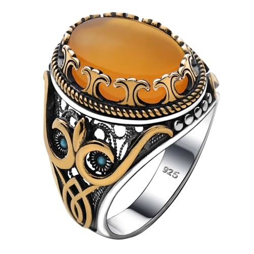 Alpha Rock Natural Yellow Agate Stone, Genuine Solid 925 Sterling Silver Accented with Bronze, Authentic Vintage Turkish Ottoman Style Ring for Men (Natural Yellow Agate, 9) - Image 1