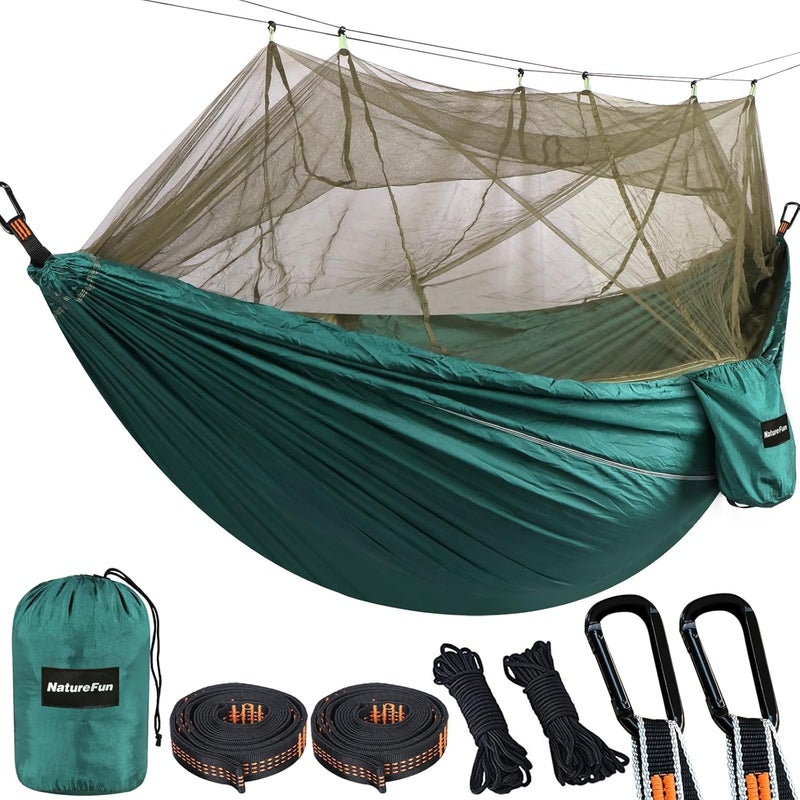 NATUREFUN Camping Hammock with Bug Net | 300kg Load Capacity,(300 x 200 cm) Breathable,Quick-drying Parachute Nylon Travel Hammock | 2 x Premium Carabiners,4 x Slings Included | Outdoor Indoor Garden - Image 1