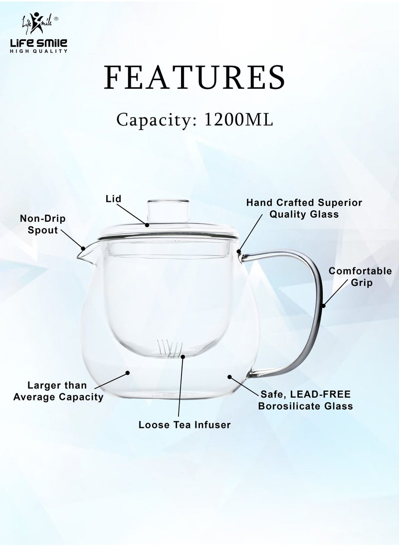 Life Smile - 1200ml Borrosilicate Glass Kettle and Teapot with Infuser - Serves Hot & Cold Beverages Tea, Coffee, Milk Tea and Kambucha - Image 1