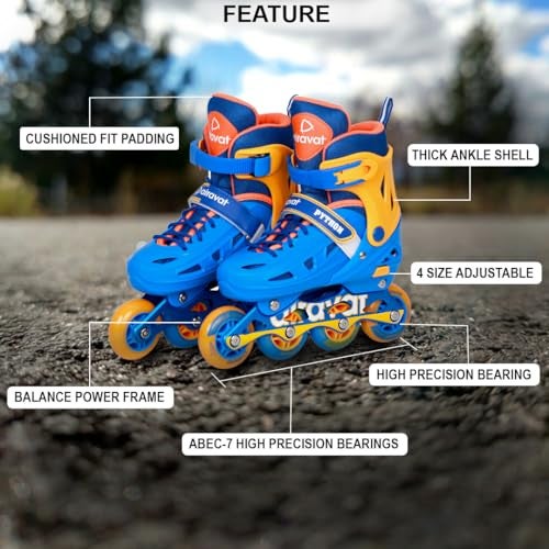Airavat Python 7706 Inline Skates with 4 PU Wheels, ABEC-7 Bearings, Adjustable Size (35-38), Aluminum Frame, and PVC Shell. Ideal for Boys and Girls. Smooth, Durable Ride in Orange-Blue. - Image 3