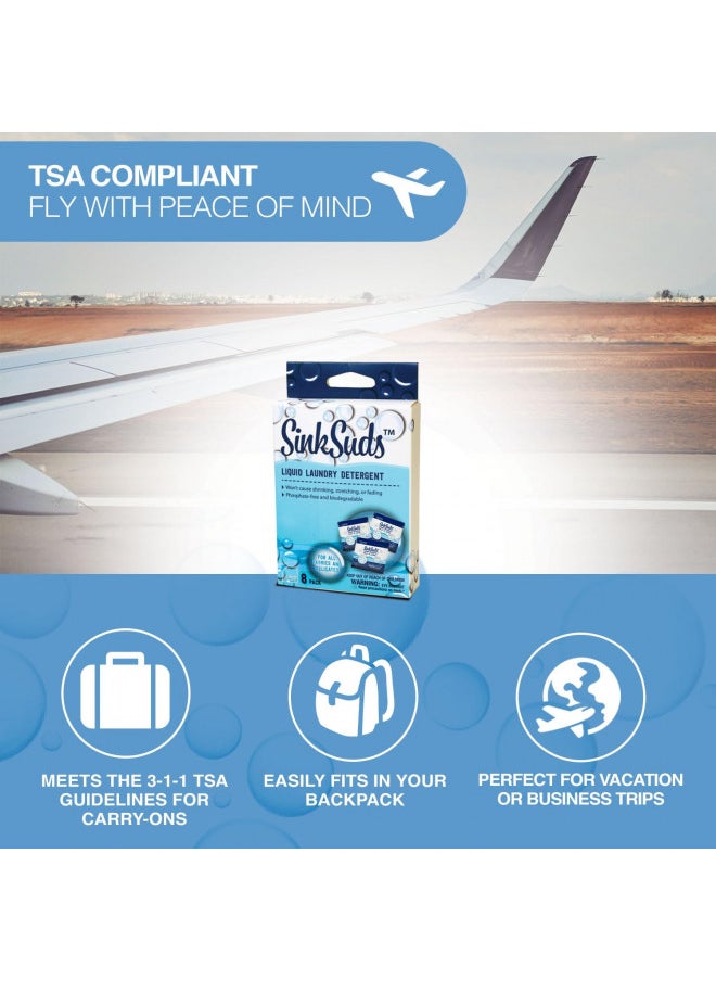 SinkSuds Laundry Detergent | Travel Size Liquid Soap | TSA Compliant | Safe For All Fabrics | 8 Packets