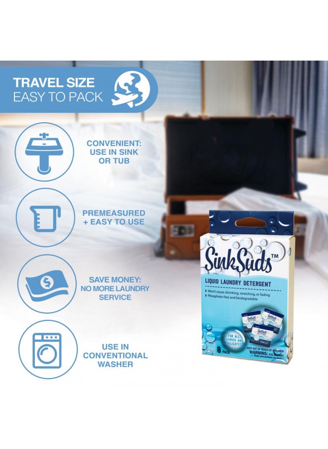 SinkSuds Laundry Detergent | Travel Size Liquid Soap | TSA Compliant | Safe For All Fabrics | 8 Packets