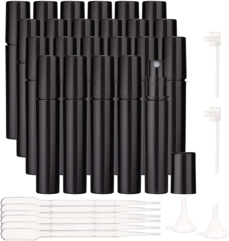 BENECREAT 80pcs 3ml Matte Plastic Fine Mist Spray Bottle, Mini Plastic Black Spray Bottles with 6pcs Pipettes, 2pcs Funnels and 2pcs Plastic Pump for Travel Perfume, Essential Oil