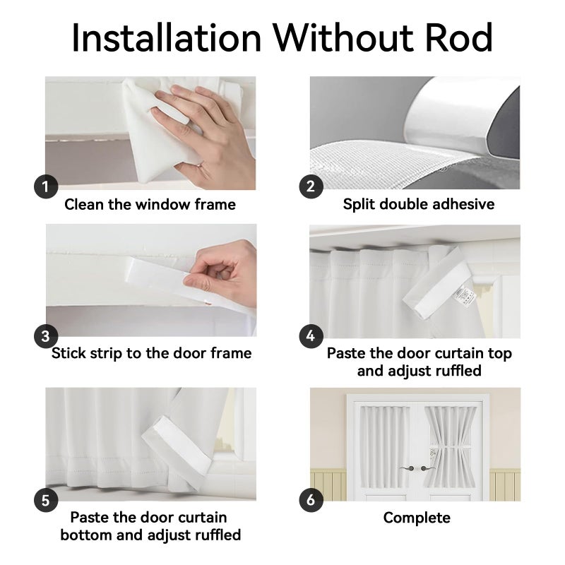 Vatge Self-Adhesive French Door Curtains - Rodless No Drill Light Filtering Window Treatment for Sliding Glass Doors, 1 Panel, W25 x L72, Greyish White - Image 3