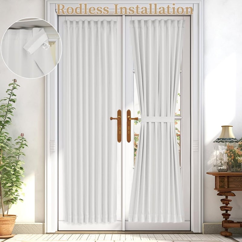 Vatge Self-Adhesive French Door Curtains - Rodless No Drill Light Filtering Window Treatment for Sliding Glass Doors, 1 Panel, W25 x L72, Greyish White - Image 1