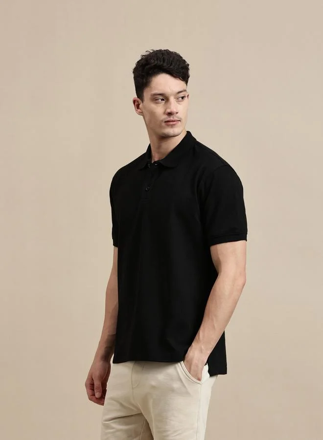 ECOLORE Men Black Solid Regular Fit Polo T-Shirt