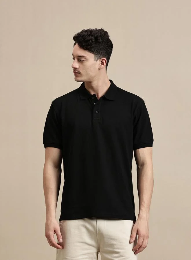 ECOLORE Men Black Solid Regular Fit Polo T-Shirt