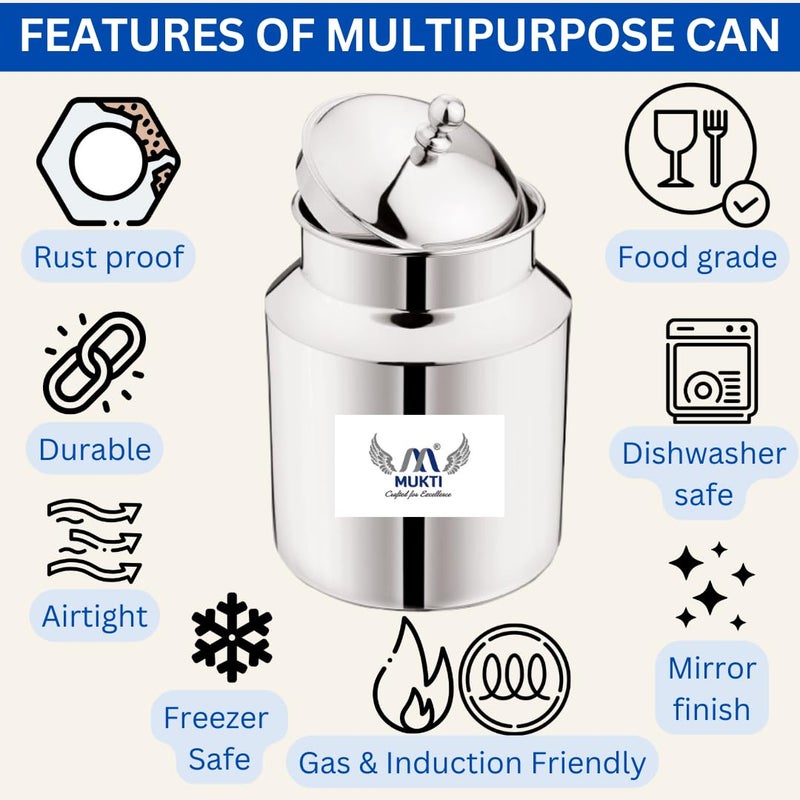 Mukti Kitchenware Private limited Mukti Kitchenware Private limited Premium Stainless Steel Milk Can with Handle and Lid for Storing Liquid Items Oil Ghee Dabba Container Burni 1750ml Silver - Image 3