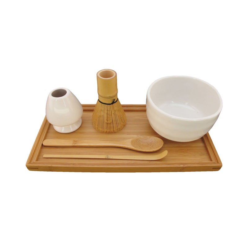BambooMN Brand  Matcha Bowl Set Includes Bowl Rest Tea Whisk Chasaku Tea Spoon  Tray 1 Set White