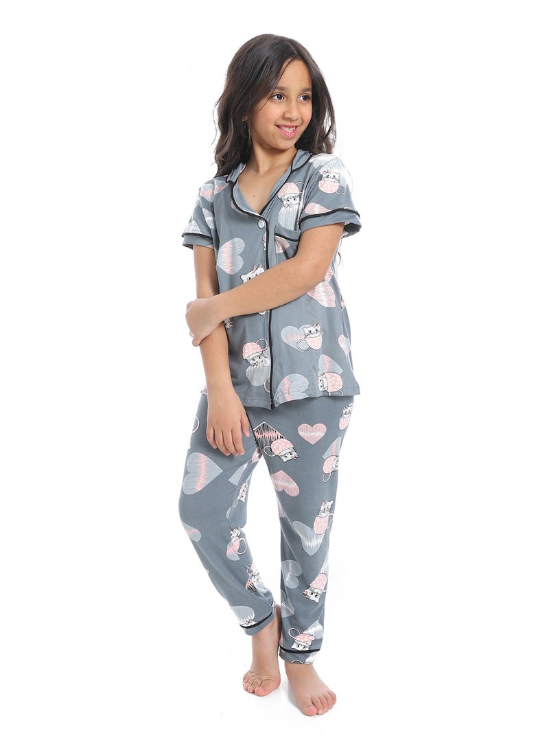 Caesar Girls' multi-colored pajamas with buttons on the front - Image 1