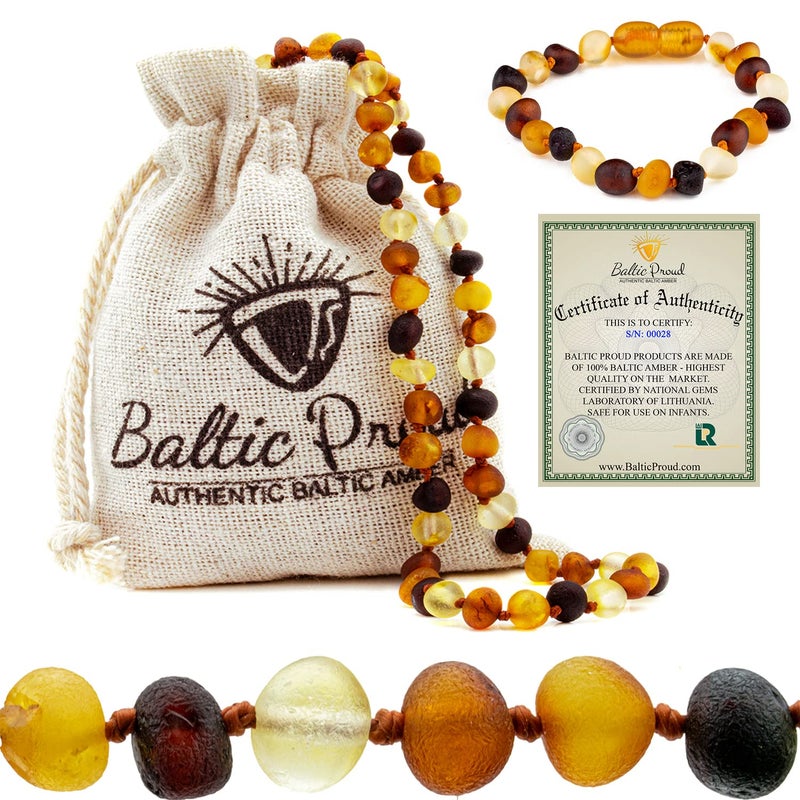 Baltic Proud Raw Baltic Proud Amber Necklace and Bracelet Gift Set (Unisex Multi Raw 12.5 Inches/5.5 Inches) - Certified Premium Quality Raw Baltic Sea Amber - Image 1