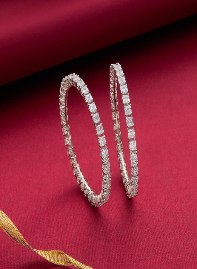 KUSHAL'S Fashion Jewellery White Rodium Polished Copper Zircon Bangles, Best for Festive & Special Occasion - 443274 - Image 2