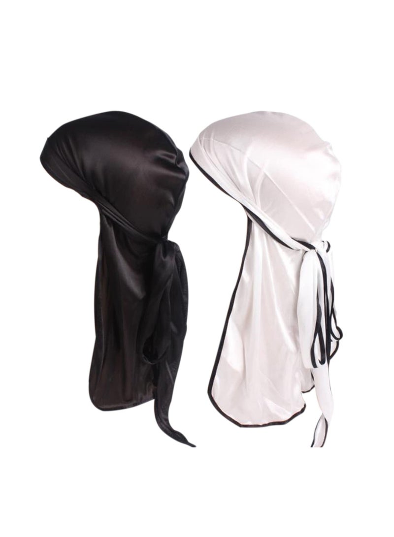 Zikra Durag Men's Silk Silky Satin Breathable Soft Doo Rags Men with Long Tail and Wide Straps for Women Waves Pack of 2 - Image 1