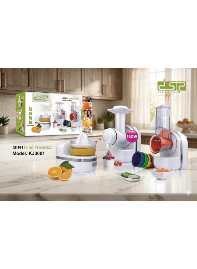 DSP KJ3001 3-in-1 Food Processor 150W with Citrus Juicer, Frozen Dessert Maker & Vegetable Slicer/Shredder, Interchangeable Drum Attachments, White - Image 2