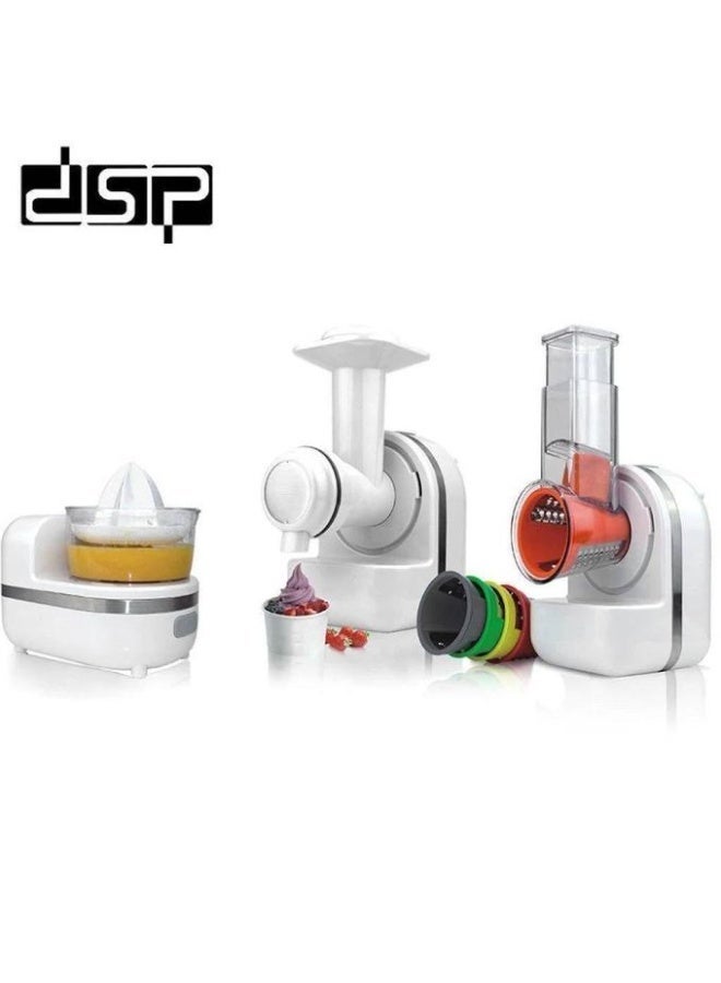 DSP KJ3001 3-in-1 Food Processor 150W with Citrus Juicer, Frozen Dessert Maker & Vegetable Slicer/Shredder, Interchangeable Drum Attachments, White - Image 1