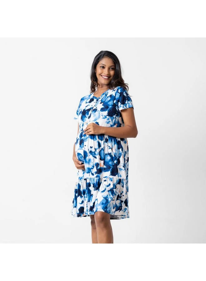 Aadaraya Aadaraya All-Over Floral Print Maternity Sleepshirt with Short Sleeves