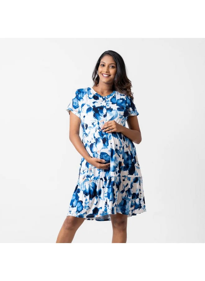 Aadaraya Aadaraya All-Over Floral Print Maternity Sleepshirt with Short Sleeves