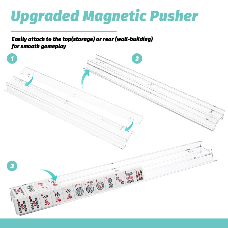 DoubleFill 4 Pack Mahjong Tile Rack & Pusher Set, Acrylic All-in-one Holders, Flat Magnetic Mahjong Racks for Organizing Tiles, Easy to Use for Home Game Nights(Flat Edge, Clear) - Image 3