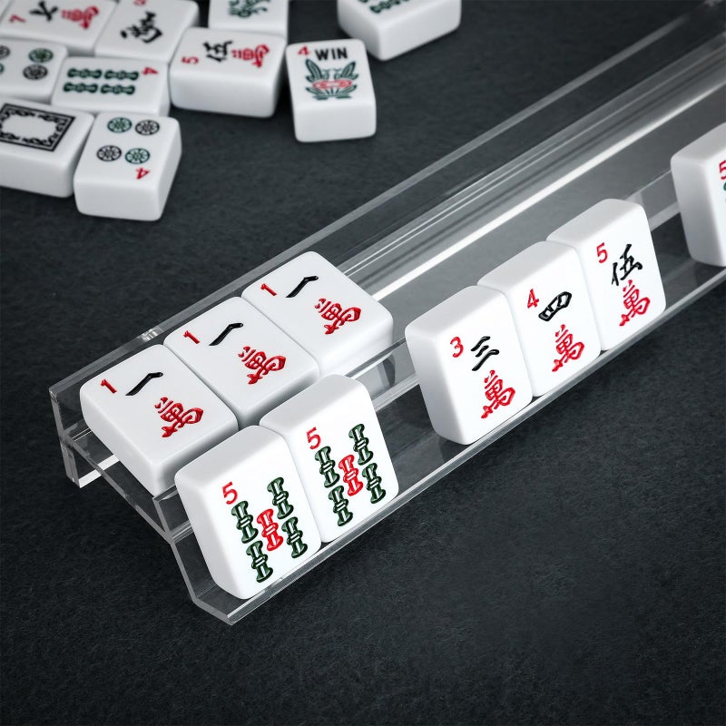 DoubleFill 4 Pack Mahjong Tile Rack & Pusher Set, Acrylic All-in-one Holders, Flat Magnetic Mahjong Racks for Organizing Tiles, Easy to Use for Home Game Nights(Flat Edge, Clear) - Image 5
