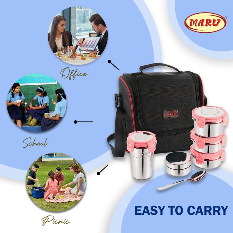 MARU Stainless Steel Lunch Box Set of 5 with Insulated Bag - 4 Multi-Container Compartments, 3 Big Container - 250ML *2 + 350ML, 1 Small Chutney Dabba & 1 Tumbler 400ml. Perfect for Kids & Adult - Image 5